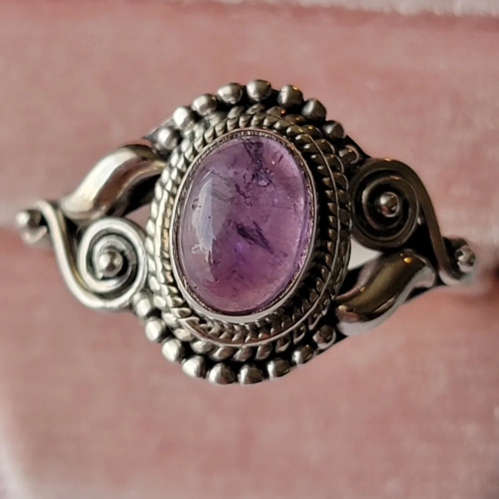 Amethyst Sterling Silver Dahlia Ring Oval Cabochon Filigree Crystal Gemstone